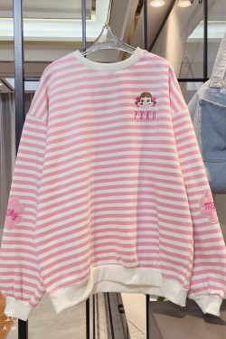 Kawaii Aesthetic White Pink Striped Sweatshirt - Y2K Summer, 90s Grunge, Retro Pastel Goth Fashion