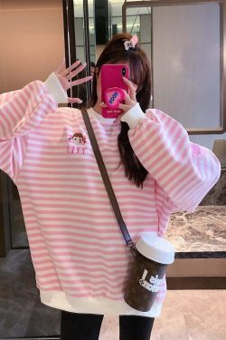 Kawaii Aesthetic White Pink Striped Sweatshirt - Y2K Summer, 90s Grunge, Retro Pastel Goth Fashion