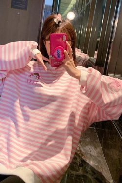 Kawaii Aesthetic White Pink Striped Sweatshirt - Y2K Summer, 90s Grunge, Retro Pastel Goth Fashion