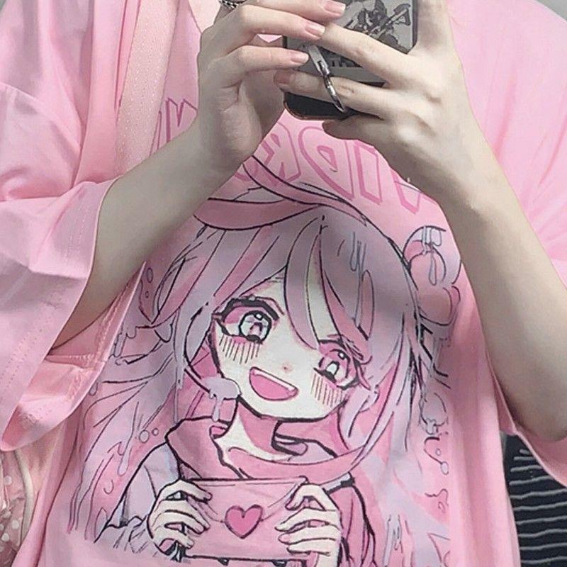 Kawaii Anime T-Shirt Happy Girl Pink - Y2K Summer, 90s Grunge, Retro, Pastel Goth, Y2K Pop