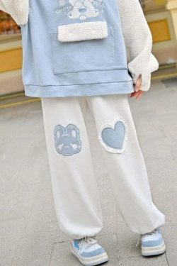 Kawaii Blue Bunny Heart Joggers Sweatpants - Y2K Summer, 90s Grunge, Retro Pastel Goth Fashion