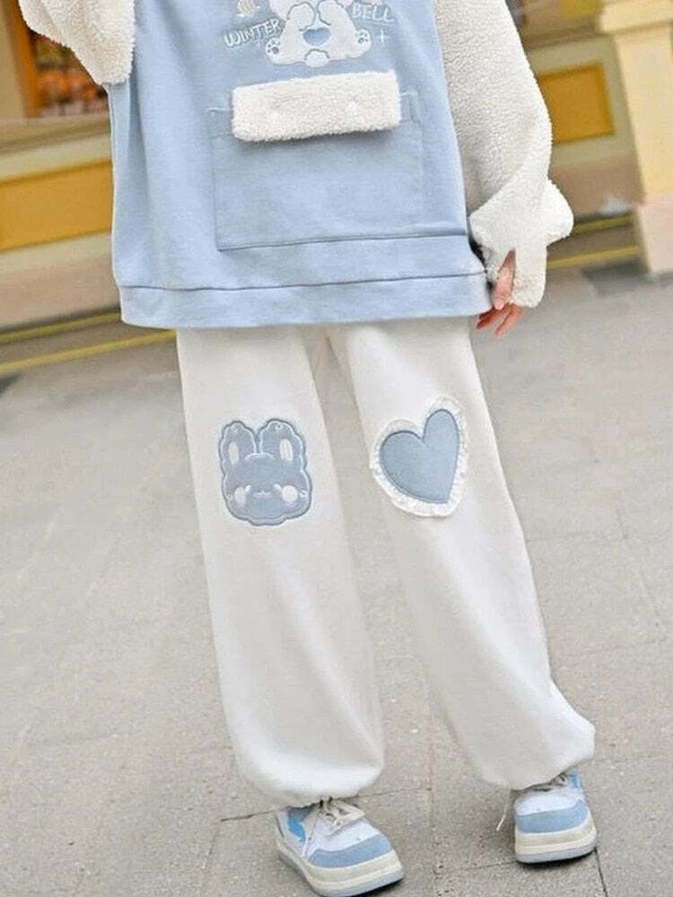 Kawaii Blue Bunny Heart Joggers Sweatpants - Y2K Summer, 90s Grunge, Retro Pastel Goth Fashion