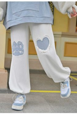 Kawaii Blue Bunny Heart Joggers Sweatpants - Y2K Summer, 90s Grunge, Retro Pastel Goth Fashion
