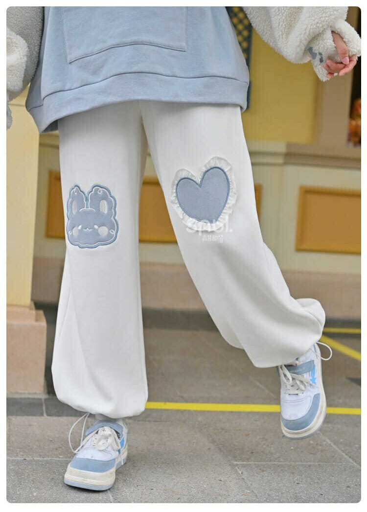 Kawaii Blue Bunny Heart Joggers Sweatpants - Y2K Summer, 90s Grunge, Retro Pastel Goth Fashion