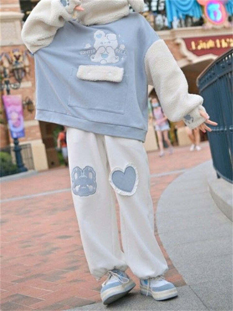 Kawaii Blue Bunny Heart Joggers Sweatpants - Y2K Summer, 90s Grunge, Retro Pastel Goth Fashion