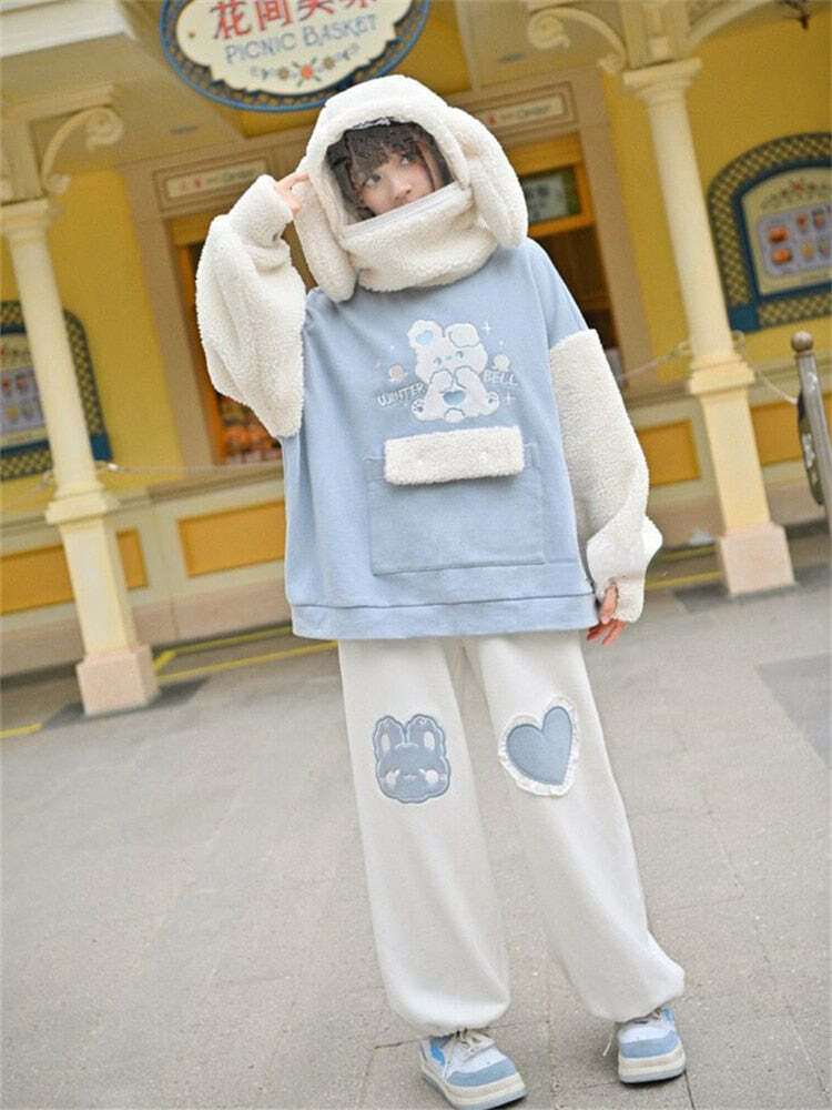 Kawaii Blue Bunny Heart Joggers Sweatpants - Y2K Summer, 90s Grunge, Retro Pastel Goth Fashion