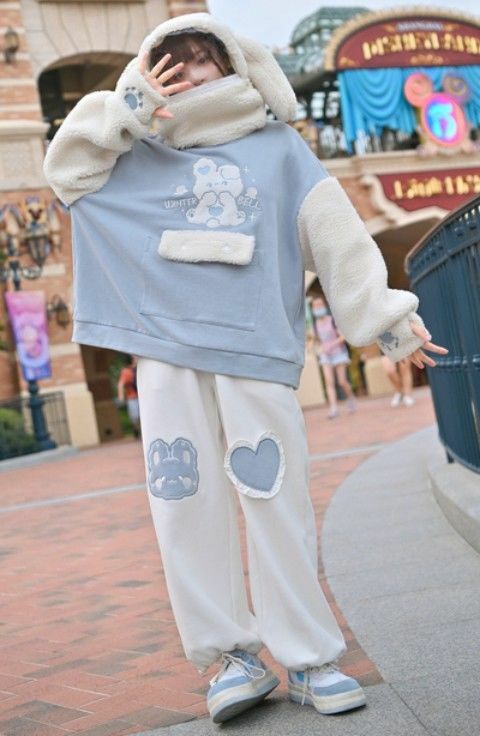 Kawaii Blue Bunny Heart Joggers Sweatpants - Y2K Summer, 90s Grunge, Retro Pastel Goth Fashion