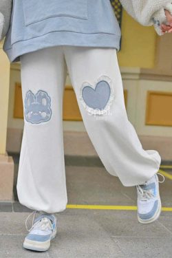 Kawaii Blue Bunny Heart Joggers Sweatpants - Y2K Summer, 90s Grunge, Retro Pastel Goth Fashion