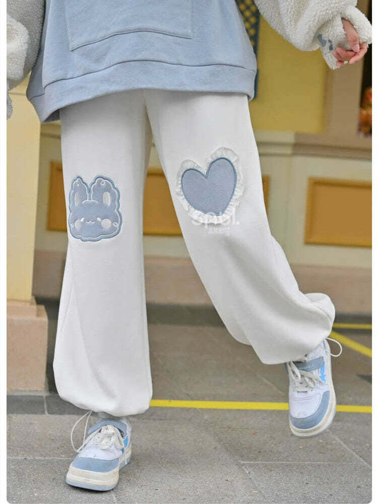 Kawaii Blue Bunny Heart Joggers Sweatpants - Y2K Summer, 90s Grunge, Retro Pastel Goth Fashion