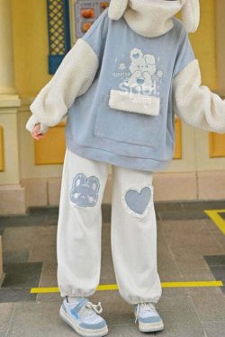 Kawaii Blue Bunny Heart Joggers Sweatpants - Y2K Summer, 90s Grunge, Retro Pastel Goth Fashion