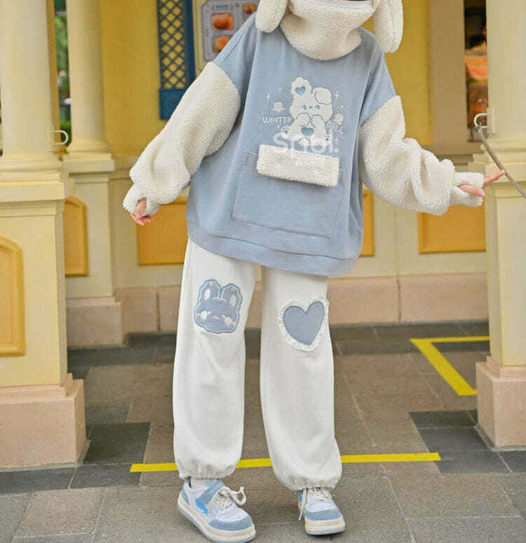Kawaii Blue Bunny Heart Joggers Sweatpants - Y2K Summer, 90s Grunge, Retro Pastel Goth Fashion