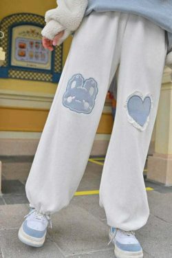 Kawaii Blue Bunny Heart Joggers Sweatpants - Y2K Summer, 90s Grunge, Retro Pastel Goth Fashion