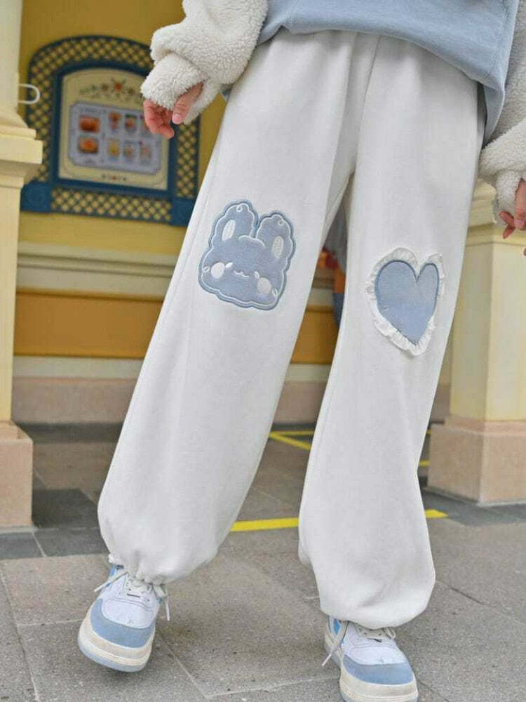 Kawaii Blue Bunny Heart Joggers Sweatpants - Y2K Summer, 90s Grunge, Retro Pastel Goth Fashion