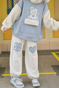 Kawaii Blue Bunny Heart Joggers Sweatpants - Y2K Summer, 90s Grunge, Retro Pastel Goth Fashion