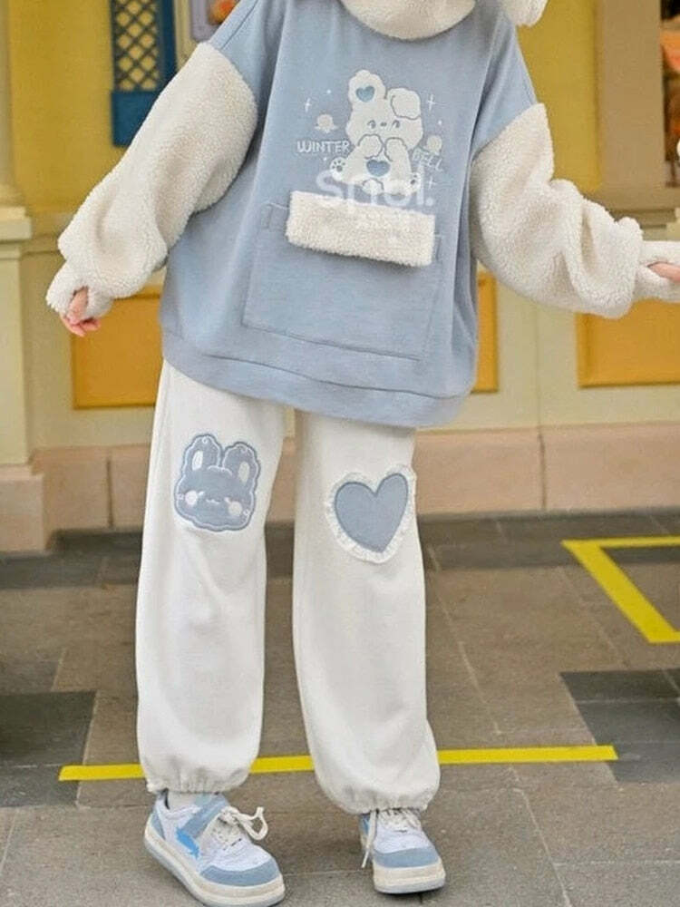 Kawaii Blue Bunny Heart Joggers Sweatpants - Y2K Summer, 90s Grunge, Retro Pastel Goth Fashion