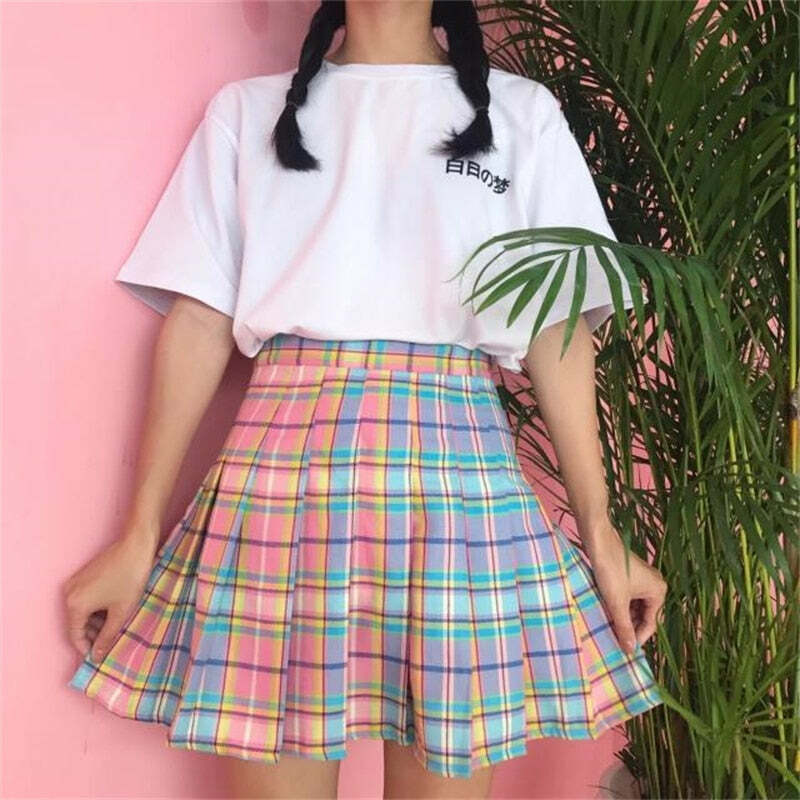 Kawaii Bright Colorful Plaid Skirt - Y2K Summer Outfit, 90s Fashion, Grunge, Retro Style