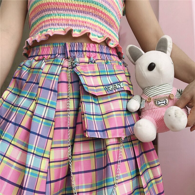 Kawaii Bright Colorful Plaid Skirt - Y2K Summer Outfit, 90s Fashion, Grunge, Retro Style