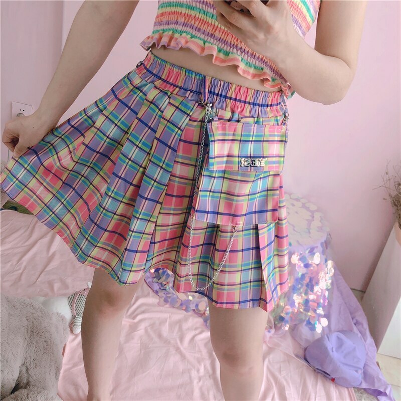 Kawaii Bright Colorful Plaid Skirt - Y2K Summer Outfit, 90s Fashion, Grunge, Retro Style