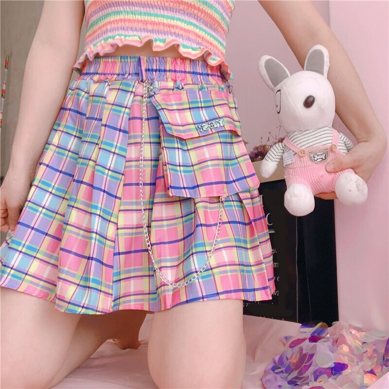 Kawaii Bright Colorful Plaid Skirt - Y2K Summer Outfit, 90s Fashion, Grunge, Retro Style