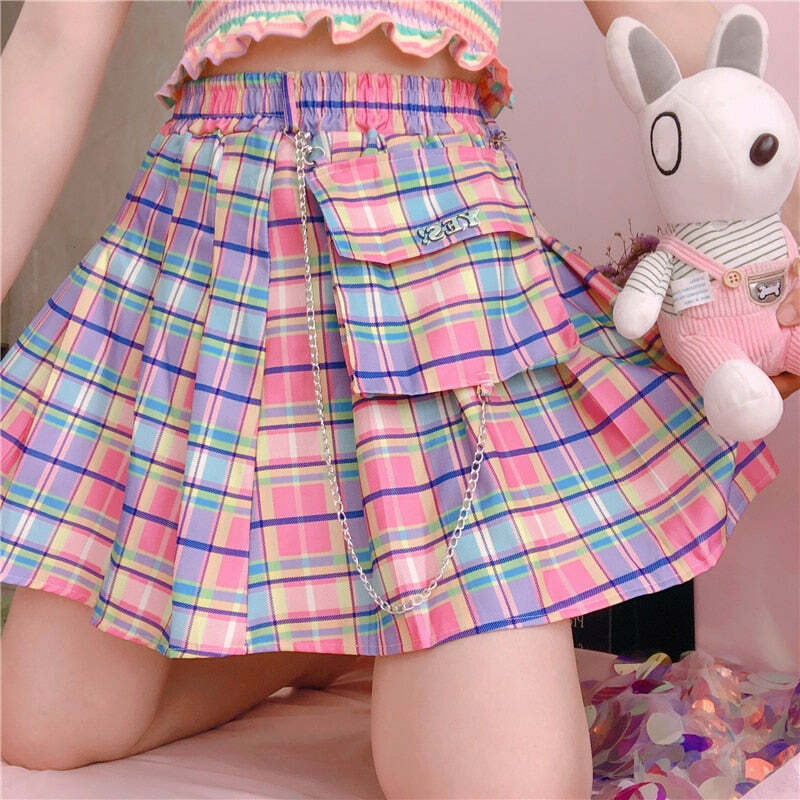 Kawaii Bright Colorful Plaid Skirt - Y2K Summer Outfit, 90s Fashion, Grunge, Retro Style