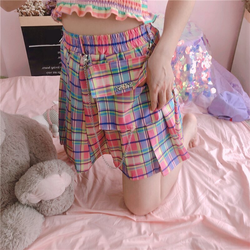 Kawaii Bright Colorful Plaid Skirt - Y2K Summer Outfit, 90s Fashion, Grunge, Retro Style