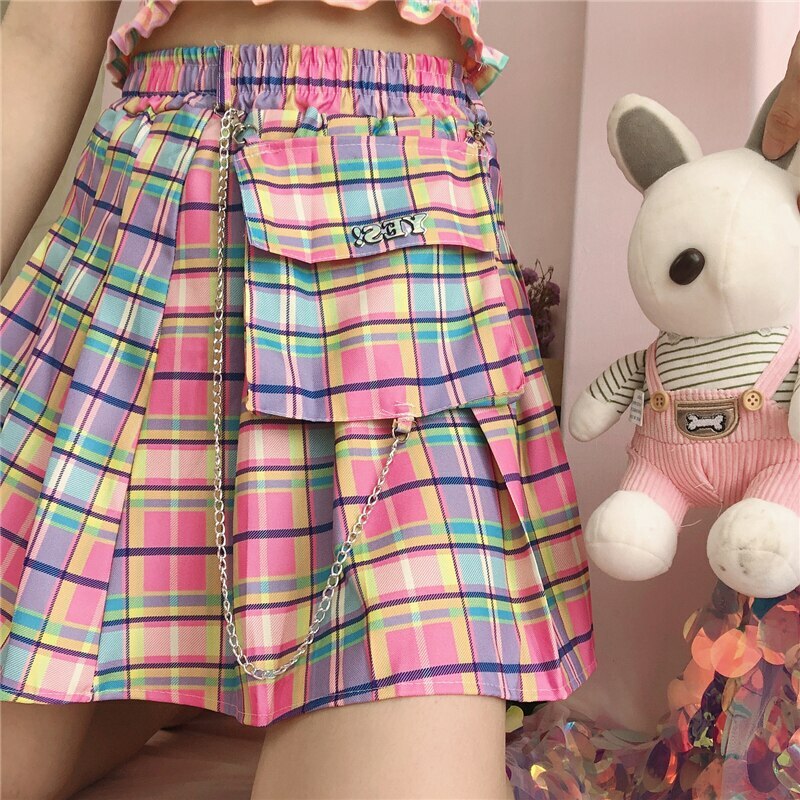 Kawaii Bright Colorful Plaid Skirt - Y2K Summer Outfit, 90s Fashion, Grunge, Retro Style
