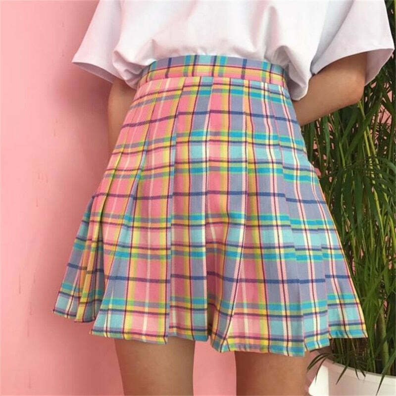 Kawaii Bright Colorful Plaid Skirt - Y2K Summer Outfit, 90s Fashion, Grunge, Retro Style