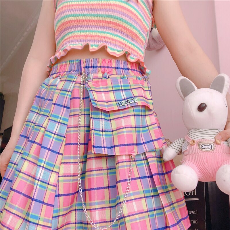 Kawaii Bright Colorful Plaid Skirt - Y2K Summer Outfit, 90s Fashion, Grunge, Retro Style