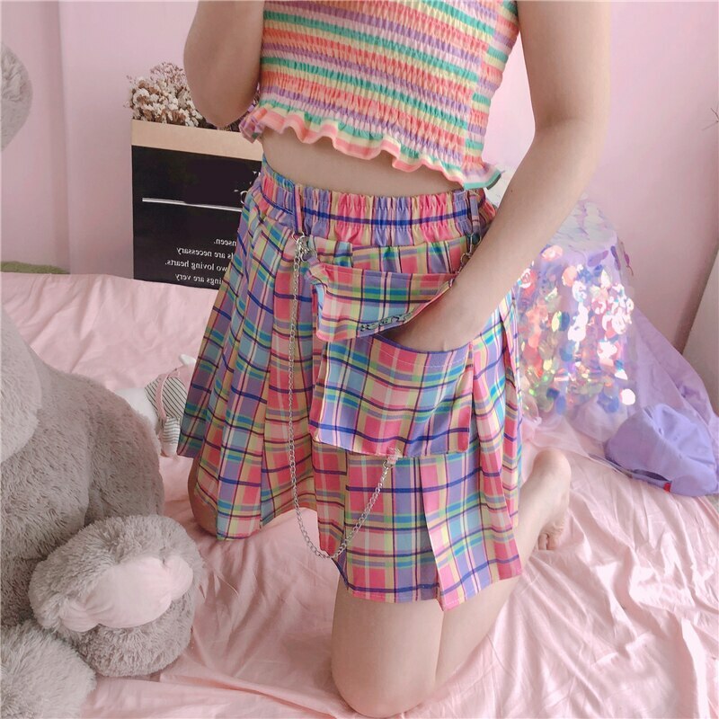 Kawaii Bright Colorful Plaid Skirt - Y2K Summer Outfit, 90s Fashion, Grunge, Retro Style