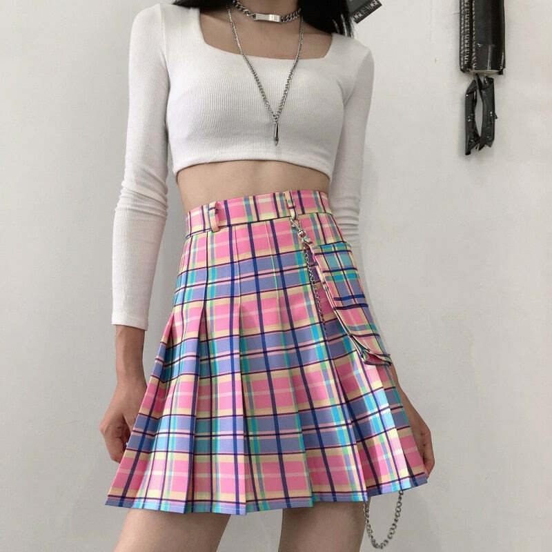 Kawaii Bright Colorful Plaid Skirt - Y2K Summer Outfit, 90s Fashion, Grunge, Retro Style