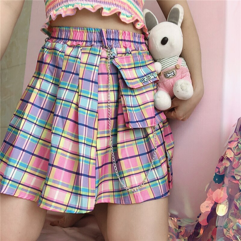 Kawaii Bright Colorful Plaid Skirt - Y2K Summer Outfit, 90s Fashion, Grunge, Retro Style