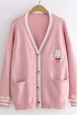 Kawaii Bunny Embroidery Knit Cardigan - Y2K Summer, 90s Fashion, Grunge, Retro, Pastel Goth Style