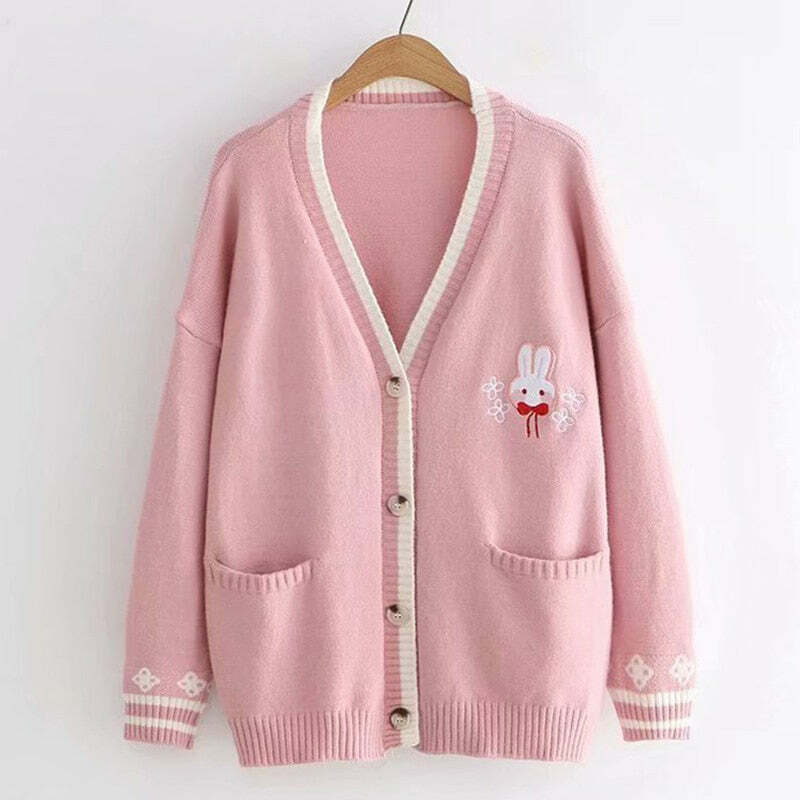 Kawaii Bunny Embroidery Knit Cardigan - Y2K Summer, 90s Fashion, Grunge, Retro, Pastel Goth Style