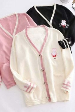 Kawaii Bunny Embroidery Knit Cardigan - Y2K Summer, 90s Fashion, Grunge, Retro, Pastel Goth Style