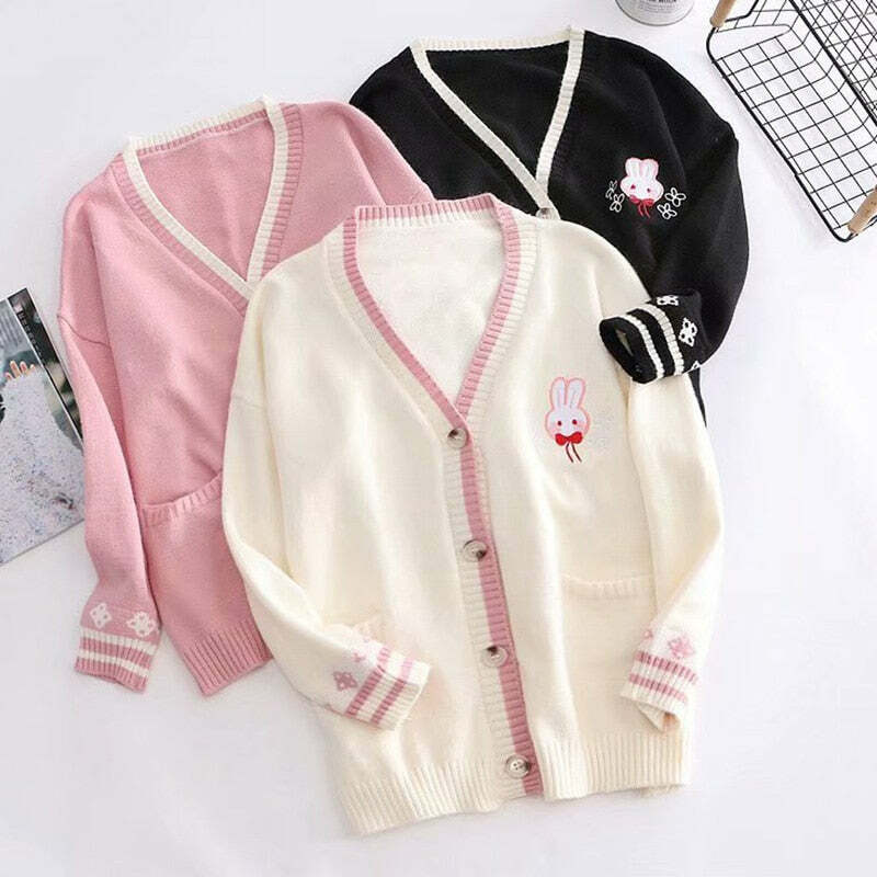 Kawaii Bunny Embroidery Knit Cardigan - Y2K Summer, 90s Fashion, Grunge, Retro, Pastel Goth Style