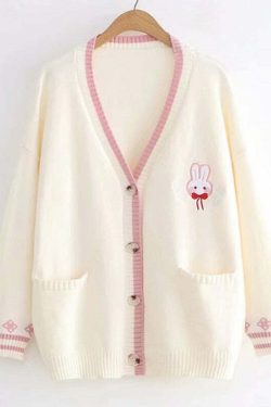 Kawaii Bunny Embroidery Knit Cardigan - Y2K Summer, 90s Fashion, Grunge, Retro, Pastel Goth Style