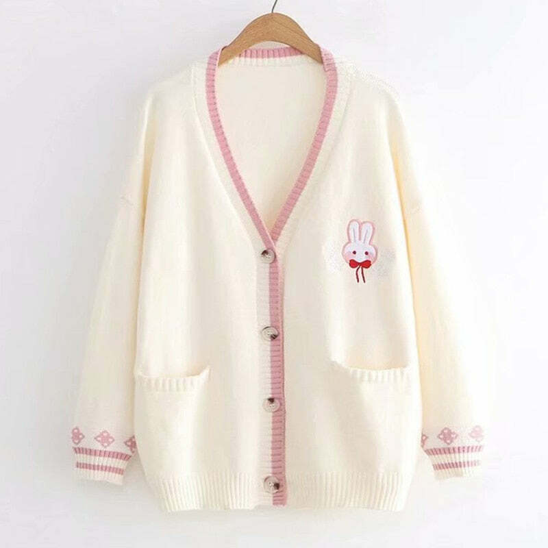 Kawaii Bunny Embroidery Knit Cardigan - Y2K Summer, 90s Fashion, Grunge, Retro, Pastel Goth Style