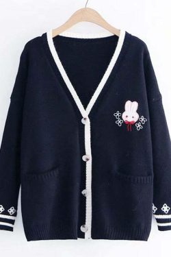 Kawaii Bunny Embroidery Knit Cardigan - Y2K Summer, 90s Fashion, Grunge, Retro, Pastel Goth Style