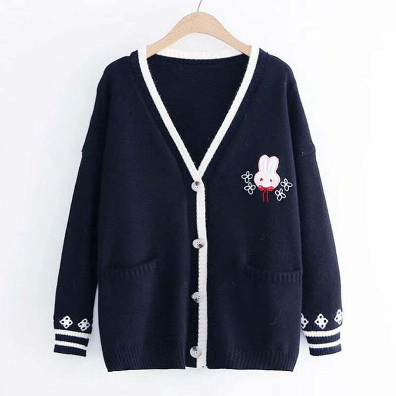 Kawaii Bunny Embroidery Knit Cardigan - Y2K Summer, 90s Fashion, Grunge, Retro, Pastel Goth Style