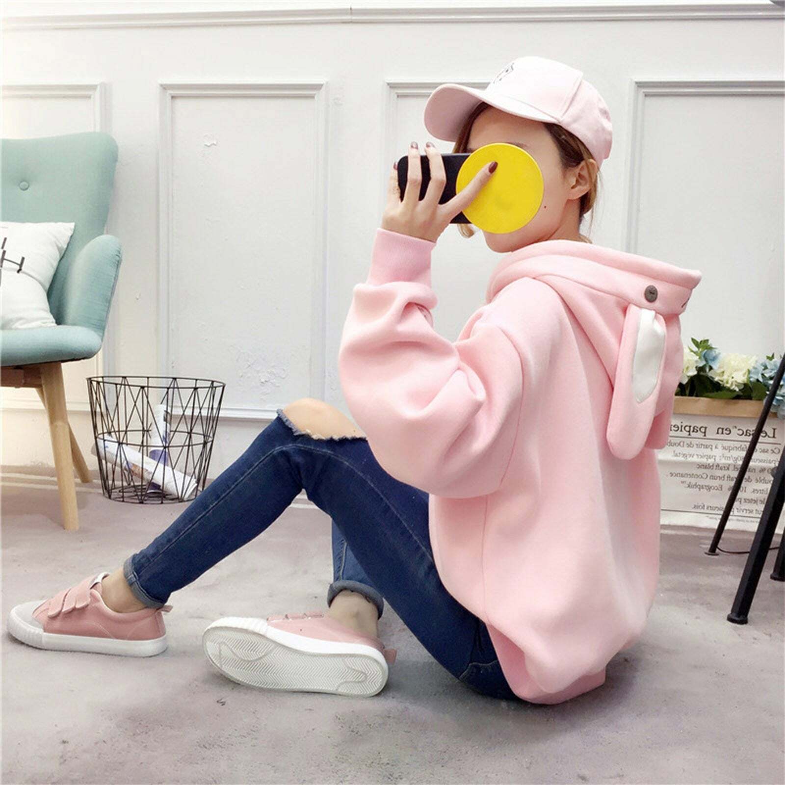 Kawaii Bunny Hoodie - Pink | Y2K Summer, 90s Grunge, Retro Style, Pastel Goth, Y2K Popstar