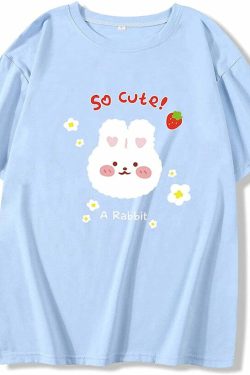 Kawaii Bunny Strawberry Blue T-Shirt - Y2K Summer, 90s Fashion, Grunge, Retro, Pastel Goth Outfit