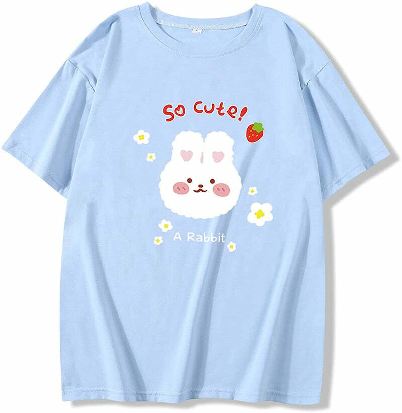 Kawaii Bunny Strawberry Blue T-Shirt - Y2K Summer, 90s Fashion, Grunge, Retro, Pastel Goth Outfit