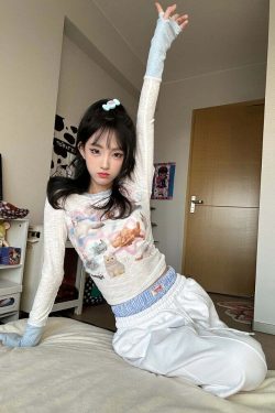 Kawaii Cat Print Long Sleeve Tee - Y2K Summer, 90s Grunge, Retro, Pastel Goth, Y2K Fashion