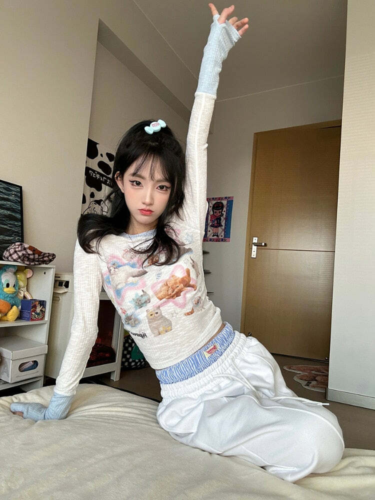 Kawaii Cat Print Long Sleeve Tee - Y2K Summer, 90s Grunge, Retro, Pastel Goth, Y2K Fashion