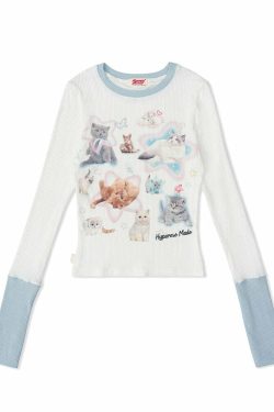 Kawaii Cat Print Long Sleeve Tee - Y2K Summer, 90s Grunge, Retro, Pastel Goth, Y2K Fashion