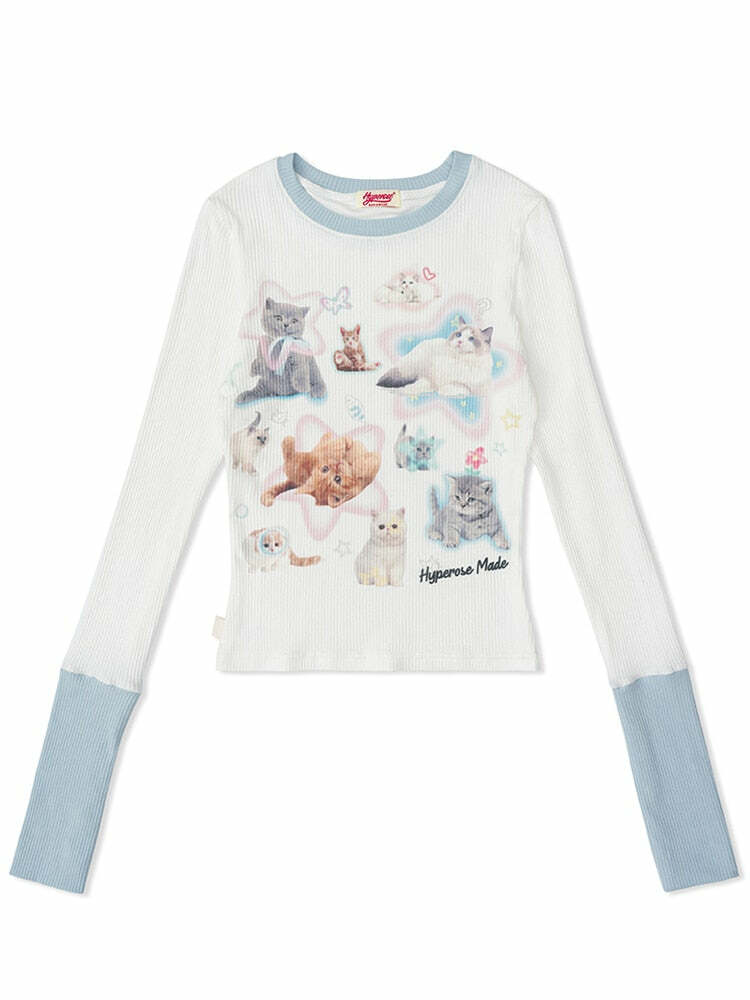 Kawaii Cat Print Long Sleeve Tee - Y2K Summer, 90s Grunge, Retro, Pastel Goth, Y2K Fashion