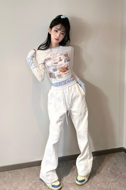 Kawaii Cat Print Long Sleeve Tee - Y2K Summer, 90s Grunge, Retro, Pastel Goth, Y2K Fashion