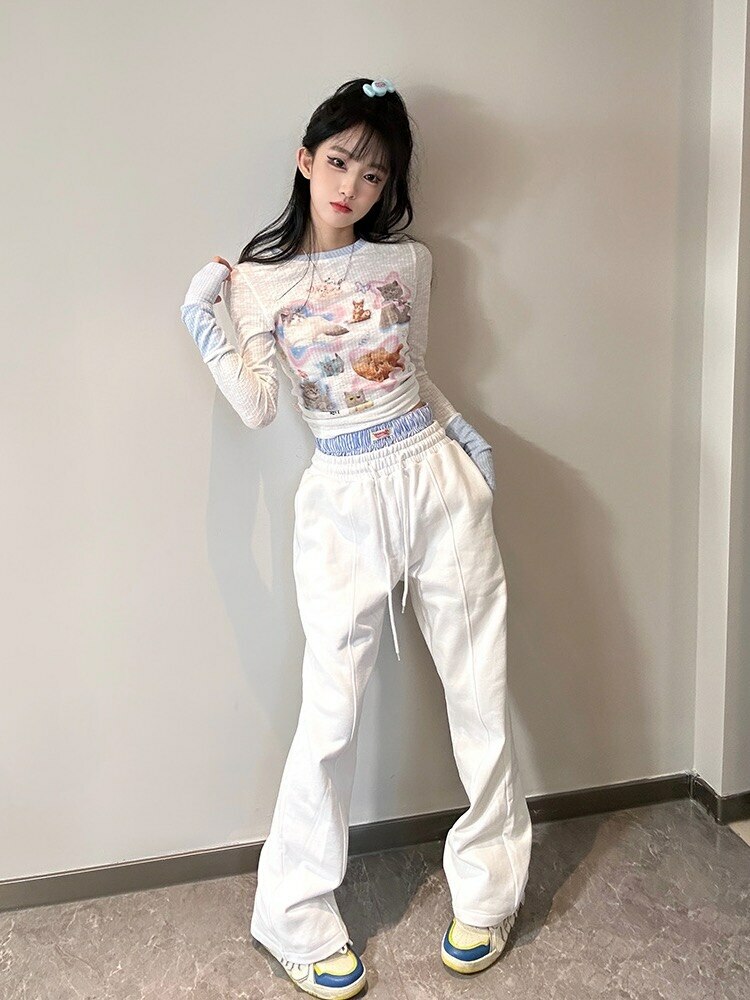 Kawaii Cat Print Long Sleeve Tee - Y2K Summer, 90s Grunge, Retro, Pastel Goth, Y2K Fashion