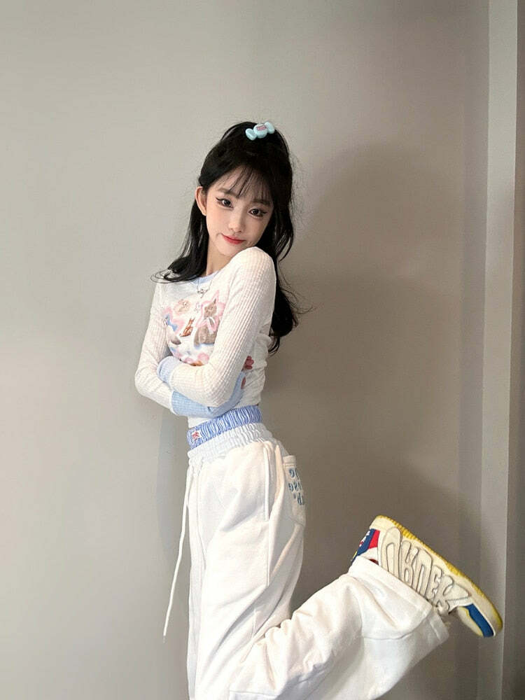 Kawaii Cat Print Long Sleeve Tee - Y2K Summer, 90s Grunge, Retro, Pastel Goth, Y2K Fashion