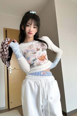 Kawaii Cat Print Long Sleeve Tee - Y2K Summer, 90s Grunge, Retro, Pastel Goth, Y2K Fashion